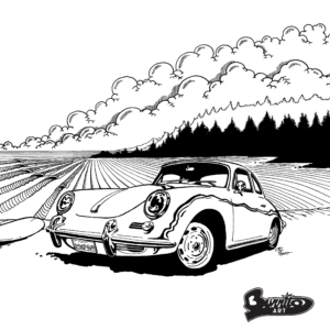 Minimalist black and white hand-drawn illustration of a vintage Porsche on a California beach by Steve Burrows Burrito Art
